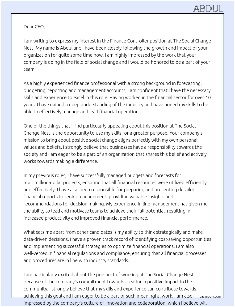 Finance Controller At The Social Change Nest Cover Letter