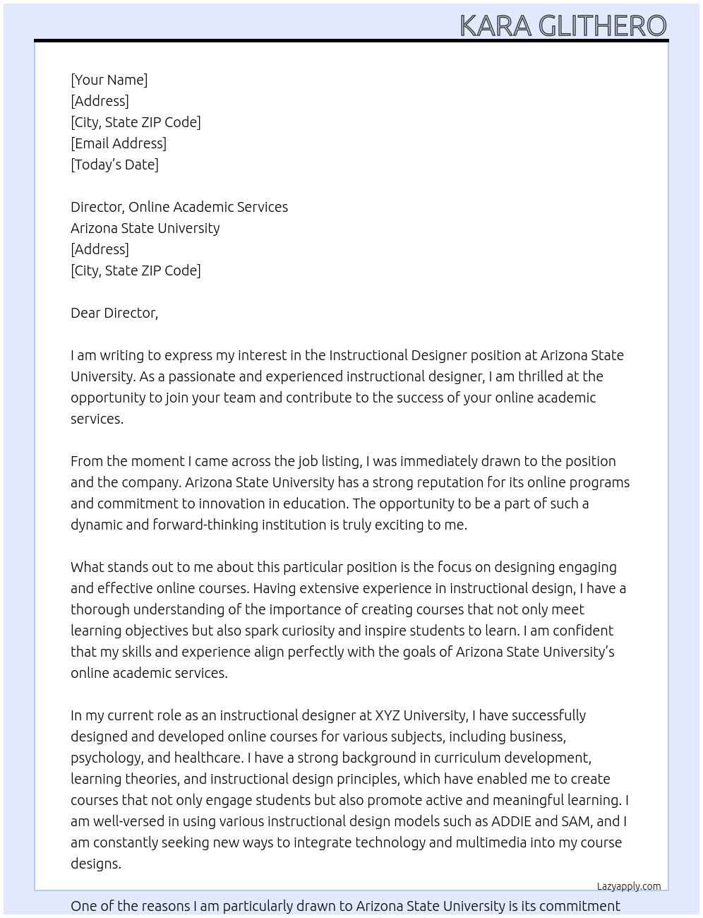 Instructional Designer At Arizona State University Cover Letter