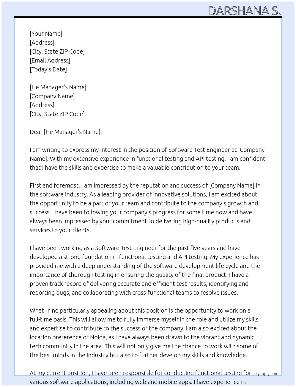 Software Test Engineer At Company Cover Letter