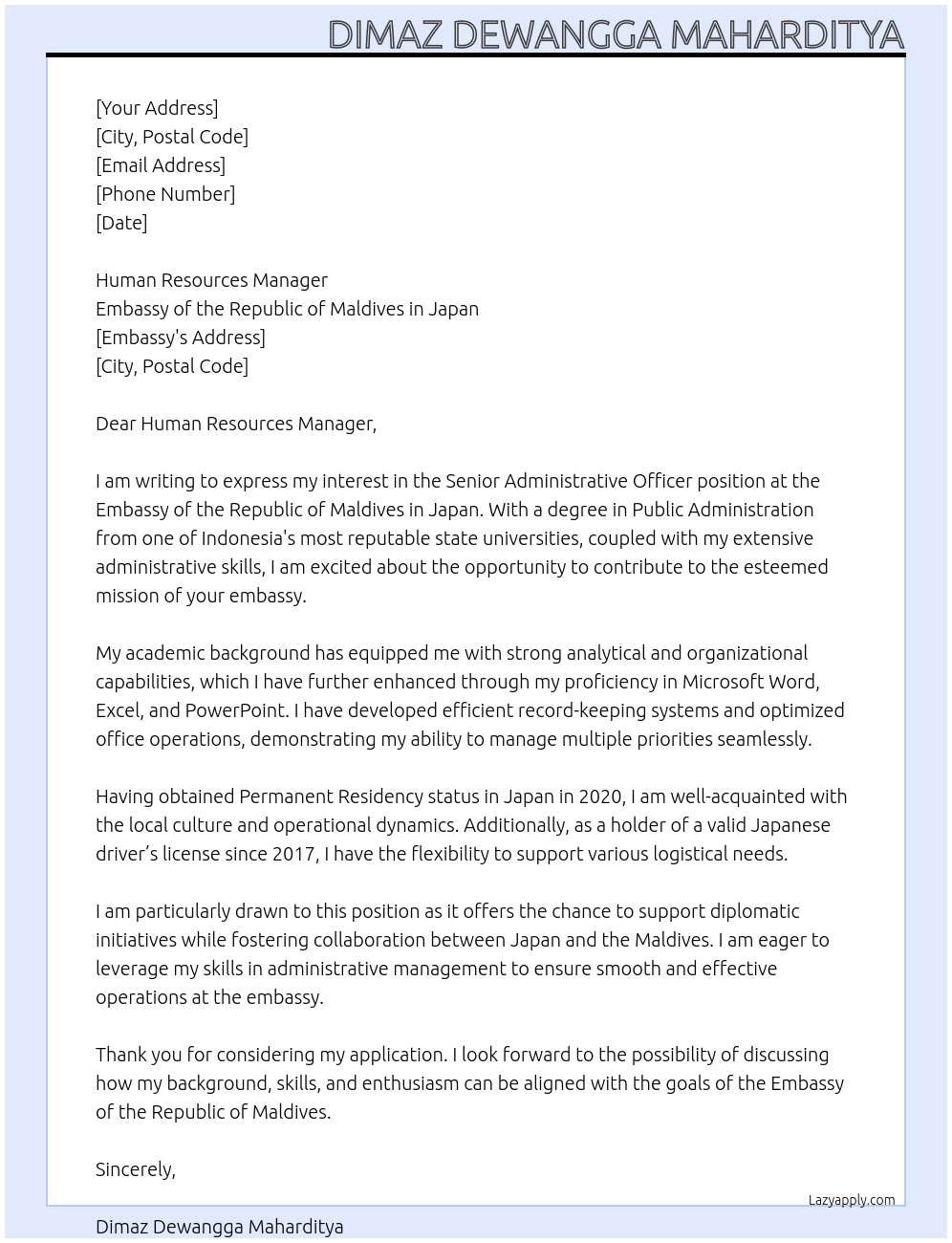 Senior Administrative Officer At Embassy of the Republic of Maldives in Japan Cover Letter