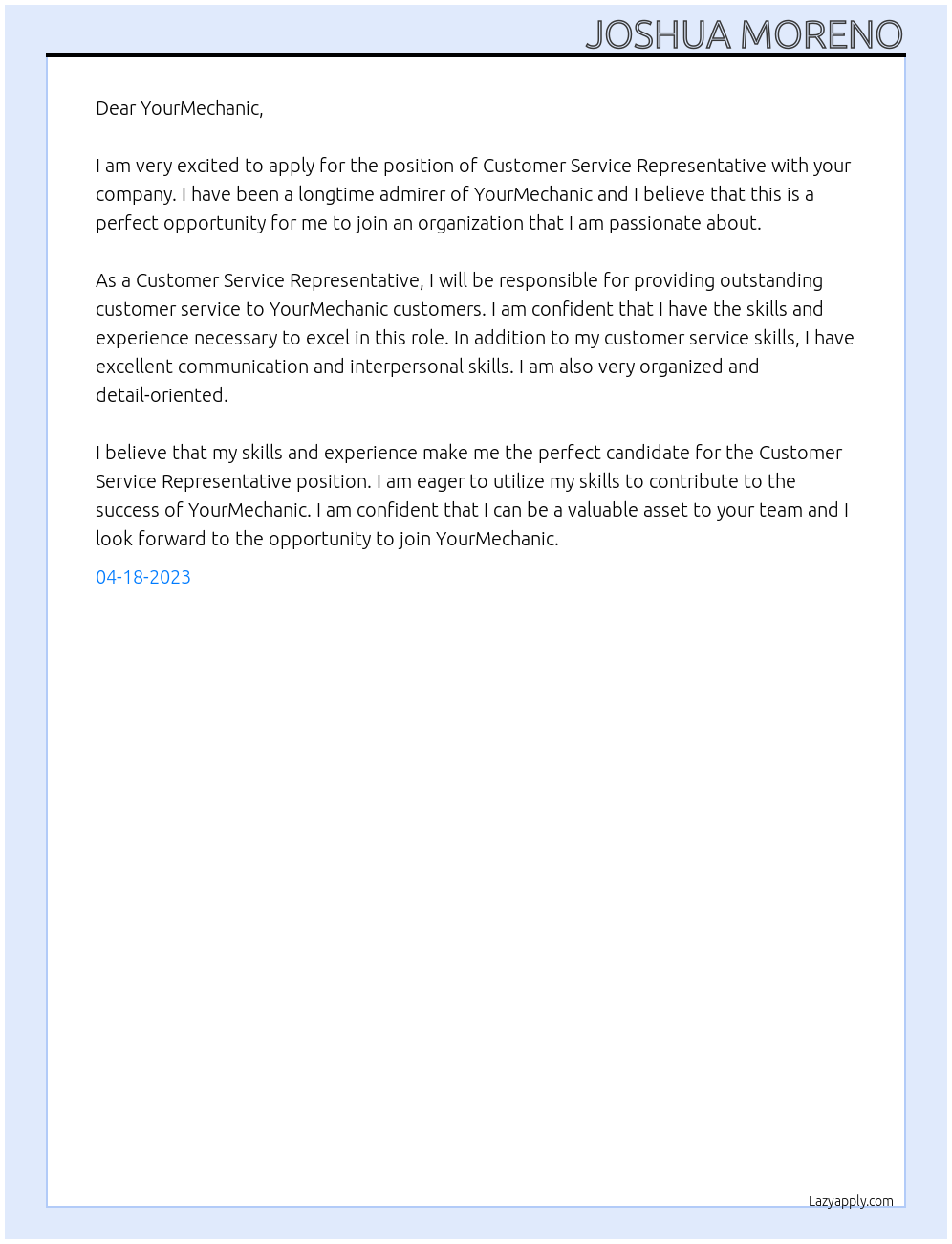 Customer Service Rep At YourMechanic Cover Letter