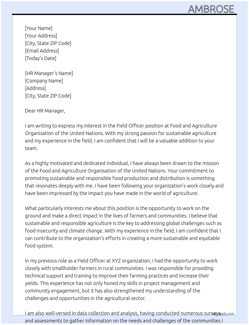 Field Officer  At Food and Agriculture Organisation of the United Nations  Cover Letter