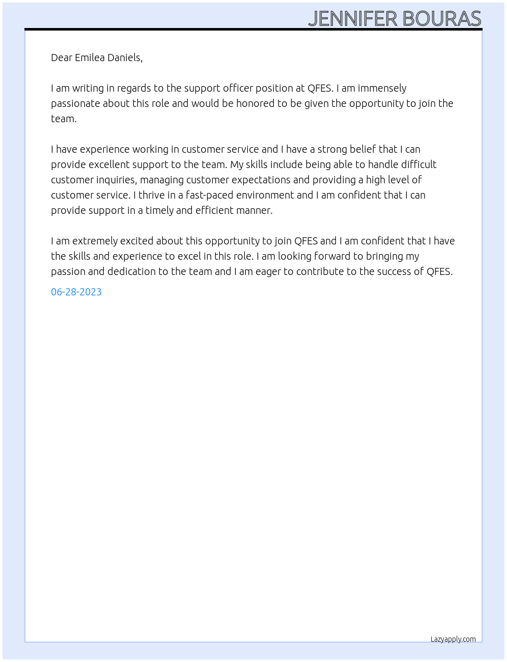 support officer At QFES Cover Letter