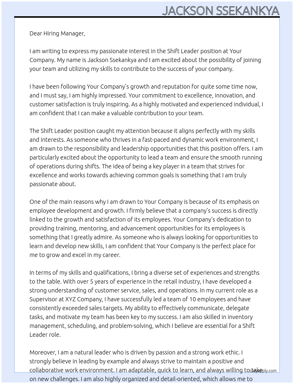 Shift leader At Your company Cover Letter