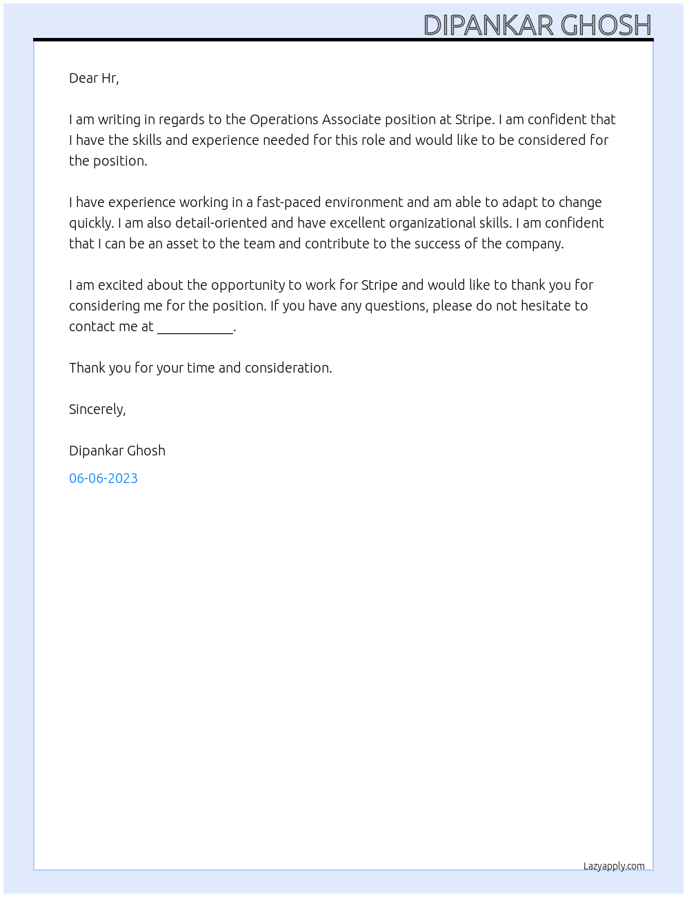 Operations Associate At Stripe Cover Letter