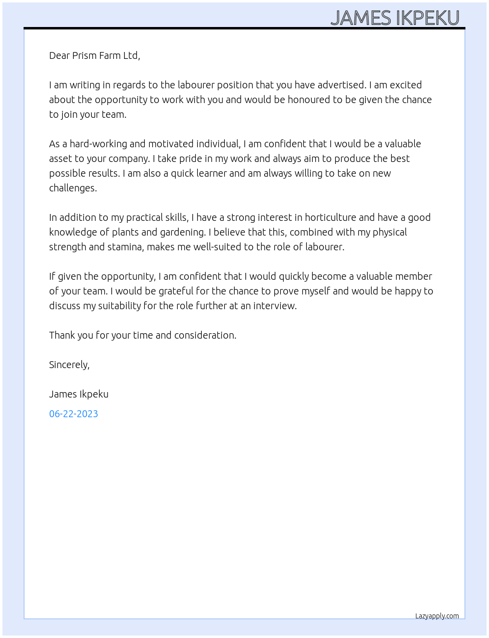 Labourer At Greenhouse Cover Letter