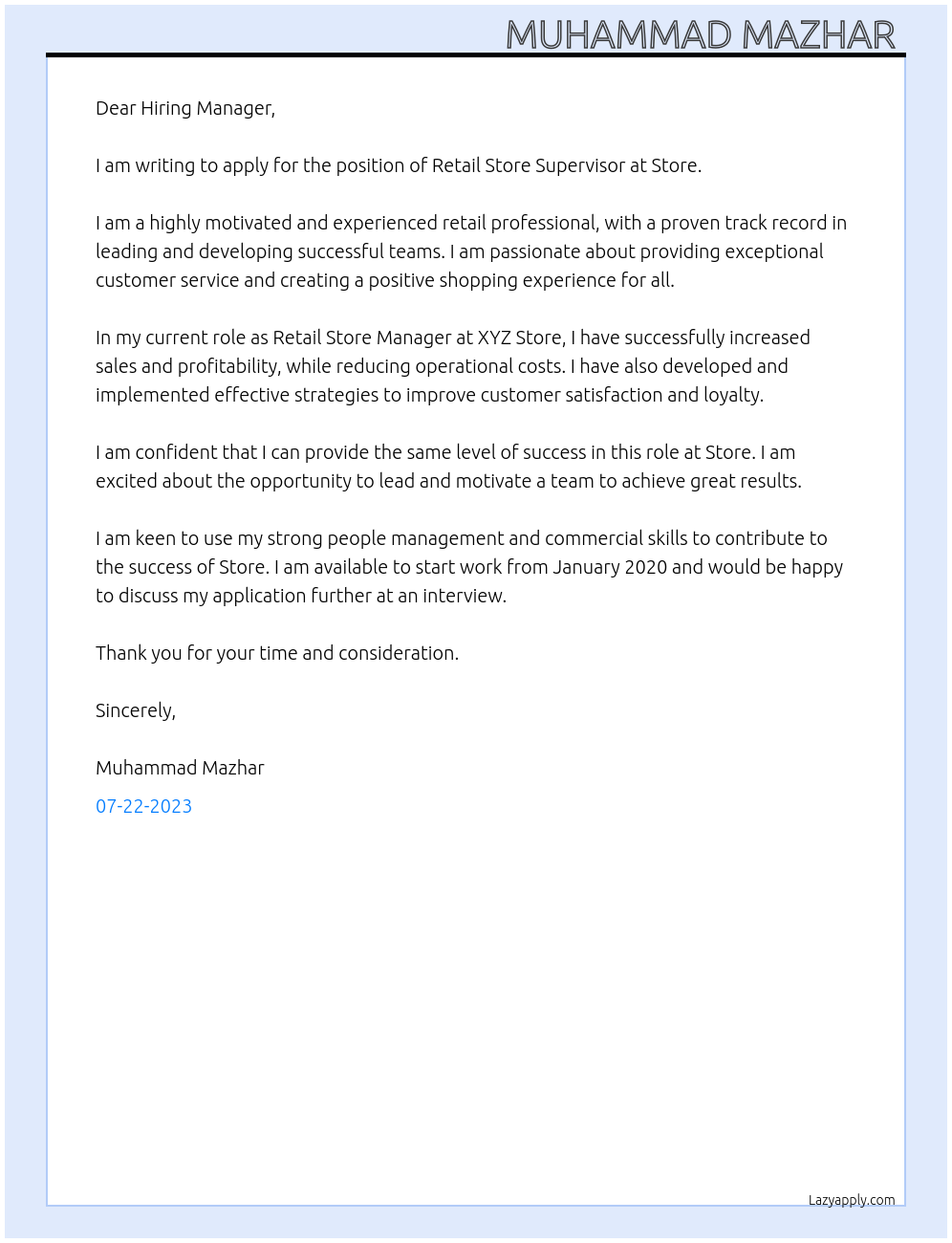 Retail store supervisor  At Store  Cover Letter