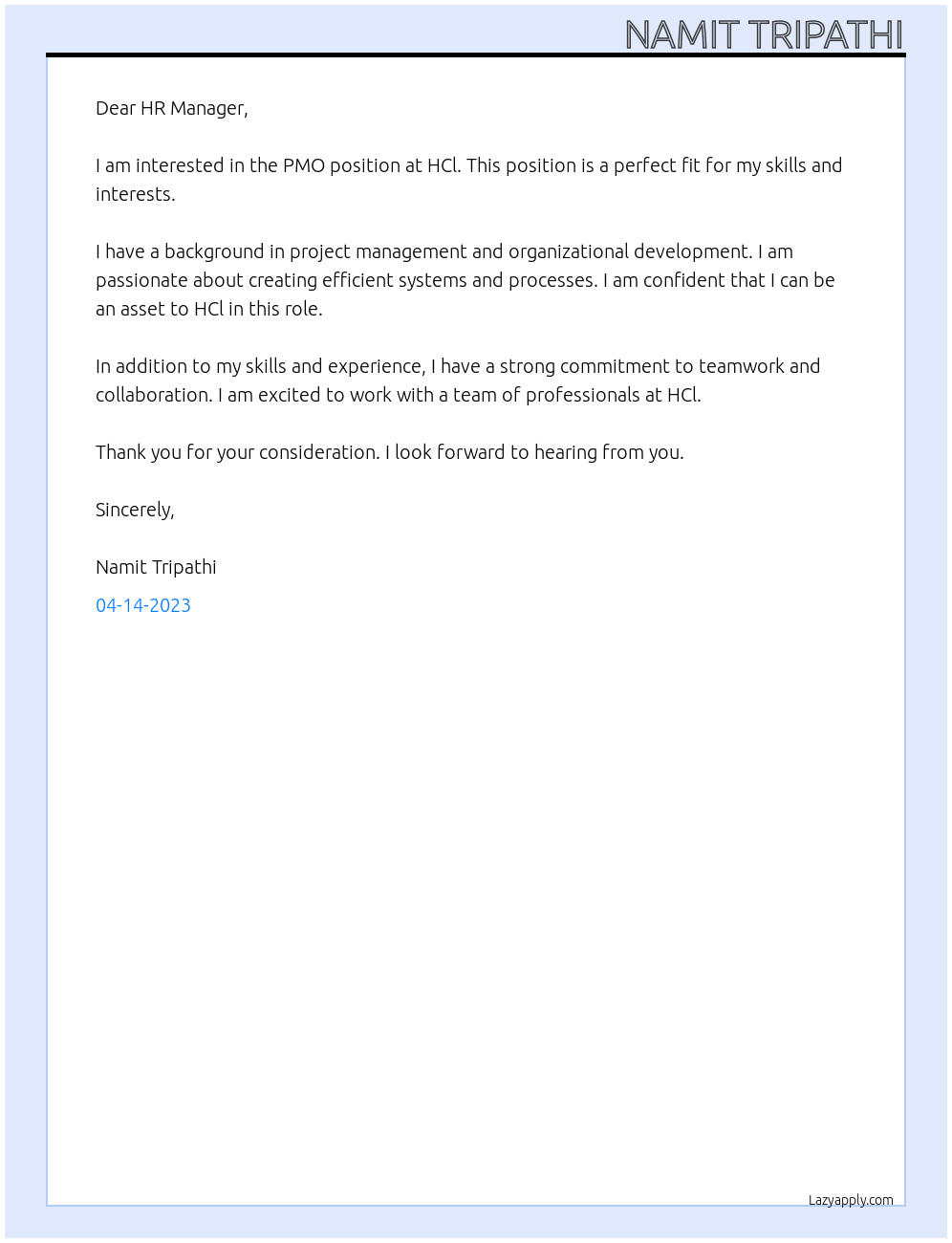 PMO At HCl Cover Letter