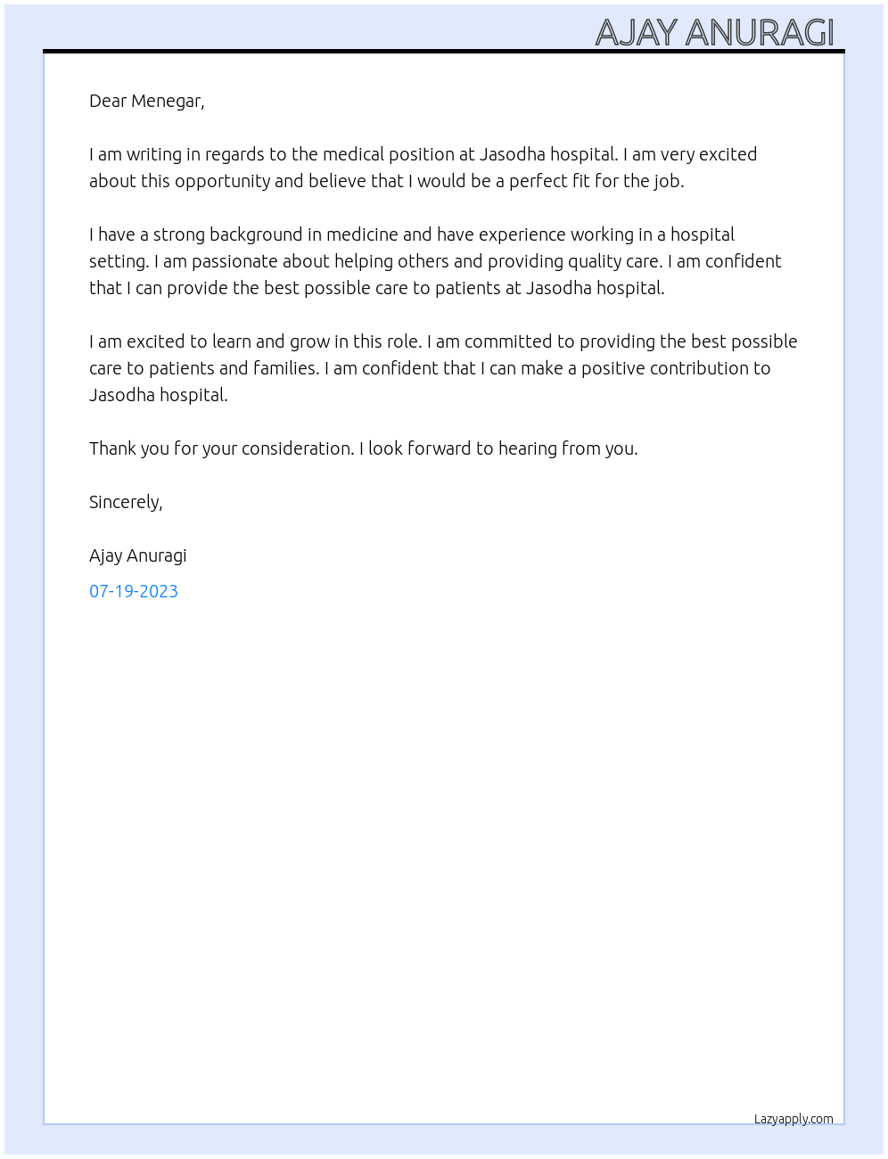 Medical  At Jasodha hospital  Cover Letter