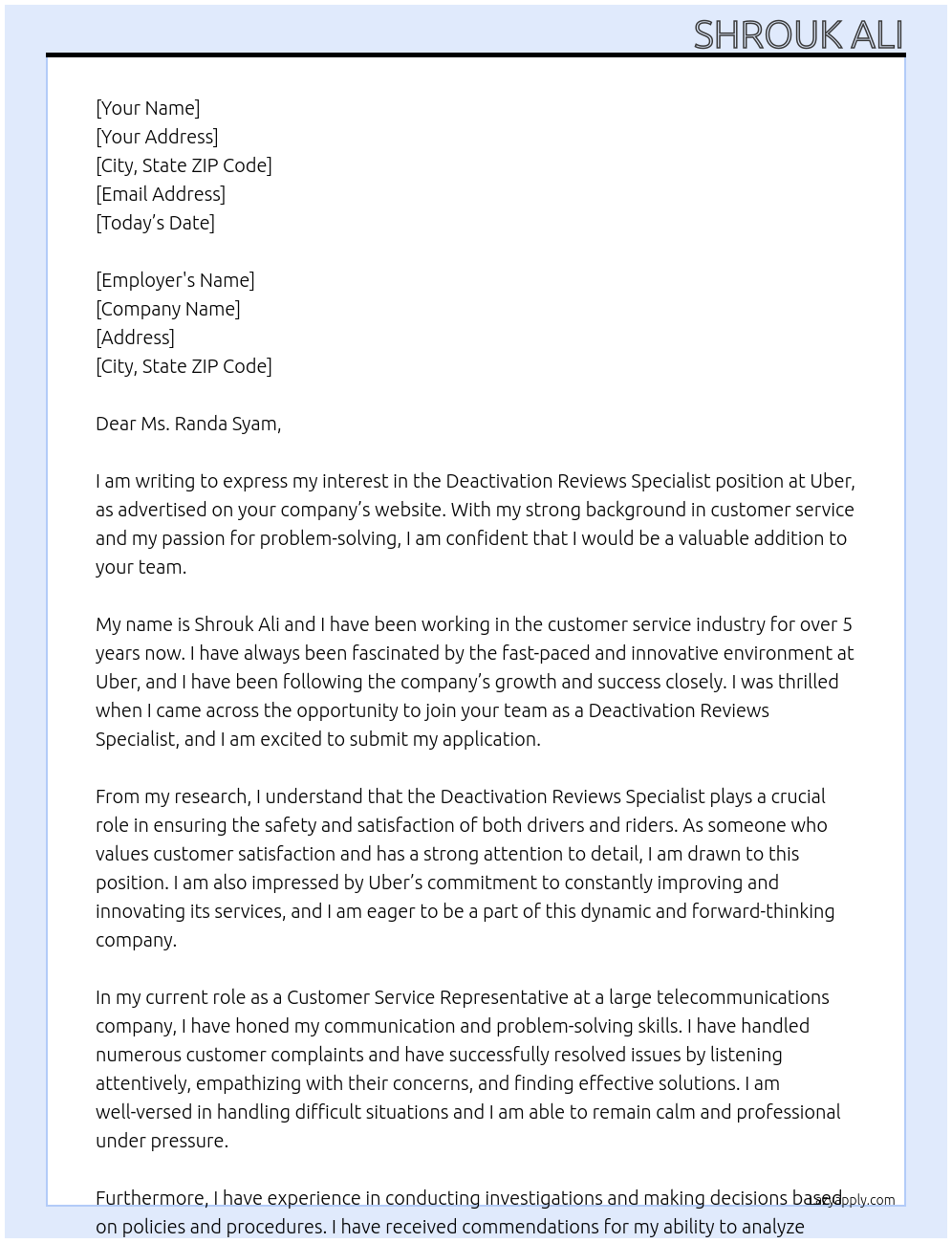 Deactivation Reviews Specialist At Uber Cover Letter