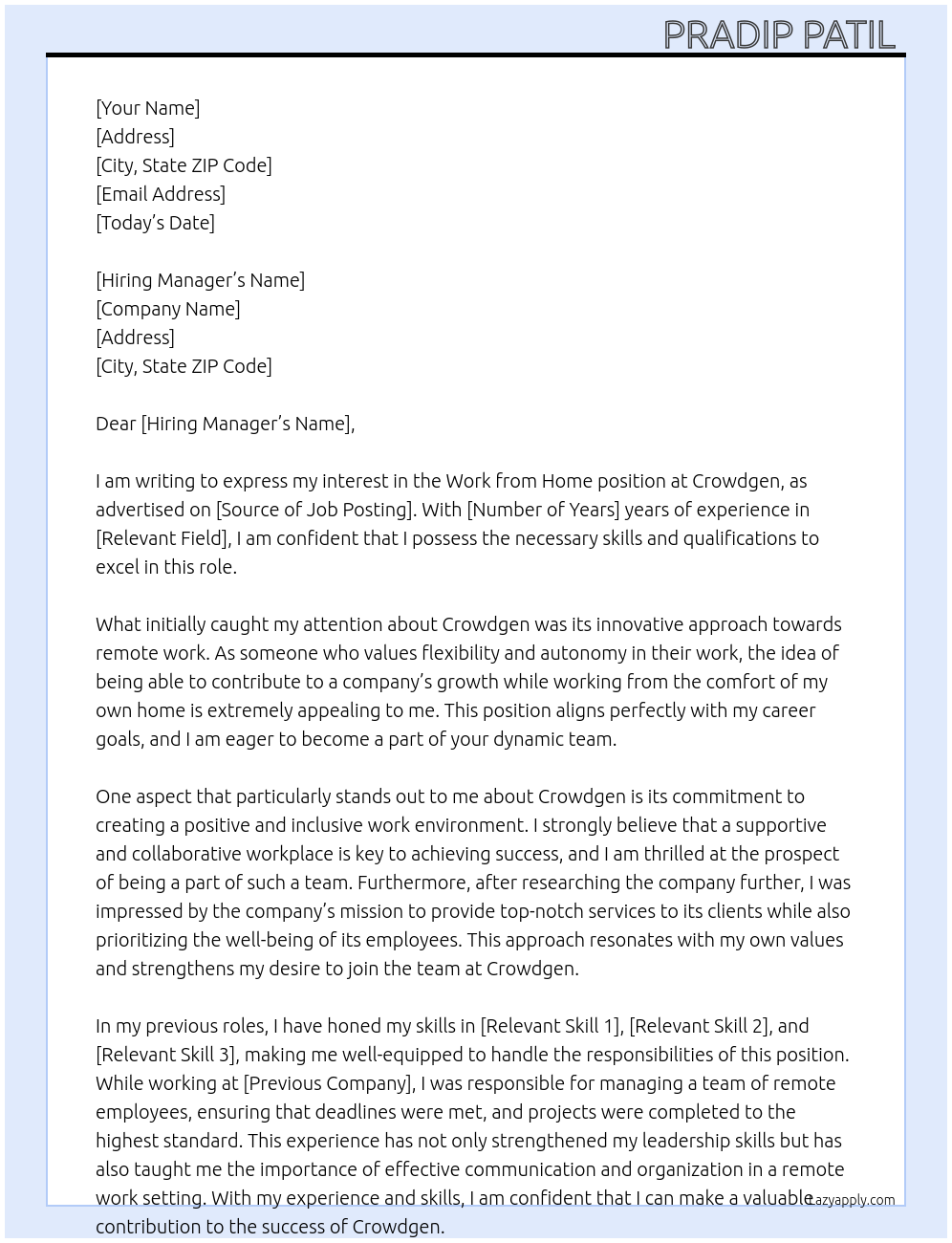 Work from home  At Crowdgen Cover Letter