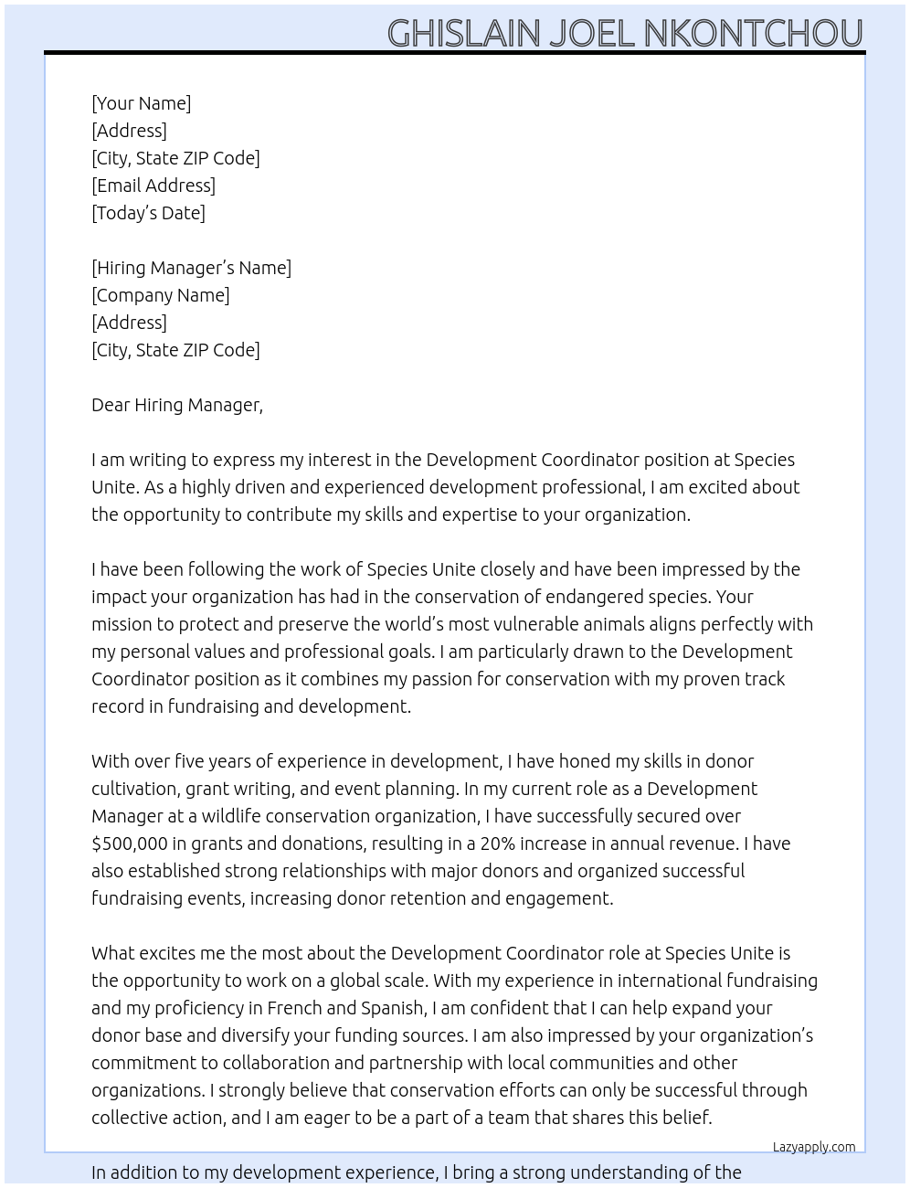 Development Coordinator At Species Unite Cover Letter