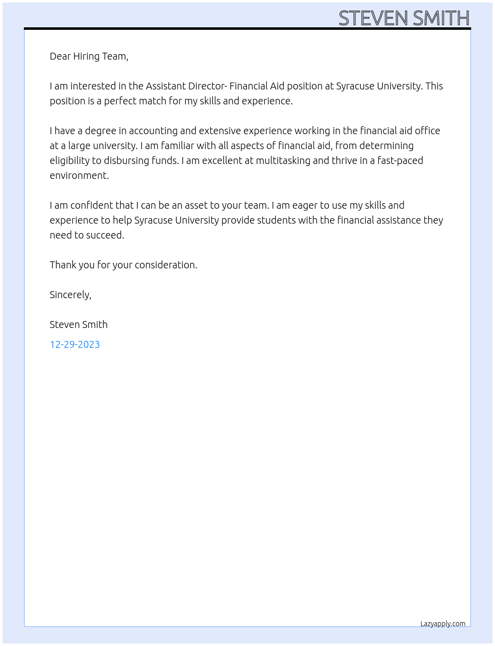 Assistant Director- Financial Aid At Syracuse University Cover Letter