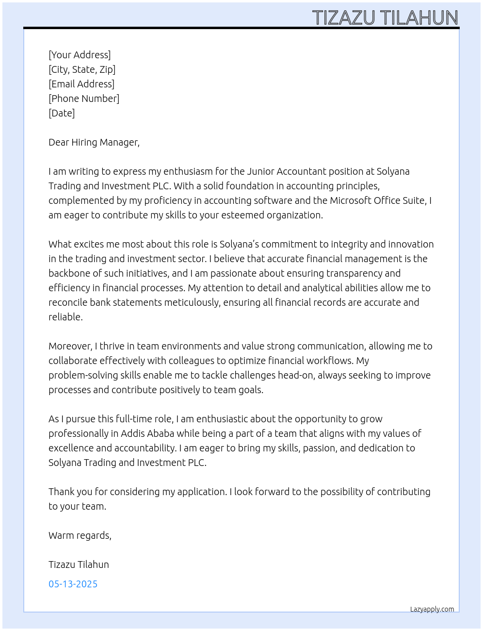 Junior Accountant At Solyana Trading and Investment PLC Cover Letter