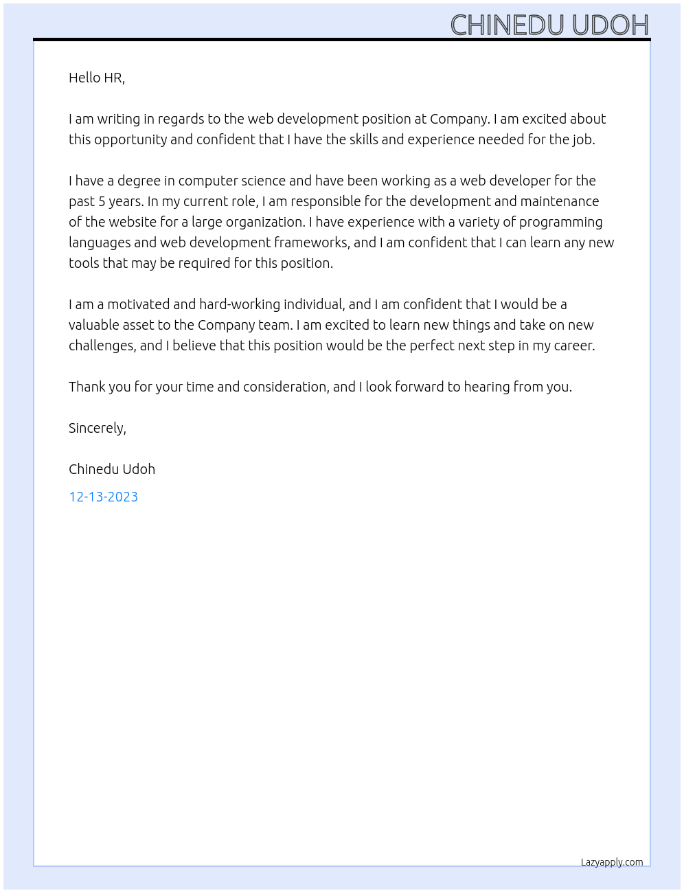 Web Development At Company Cover Letter