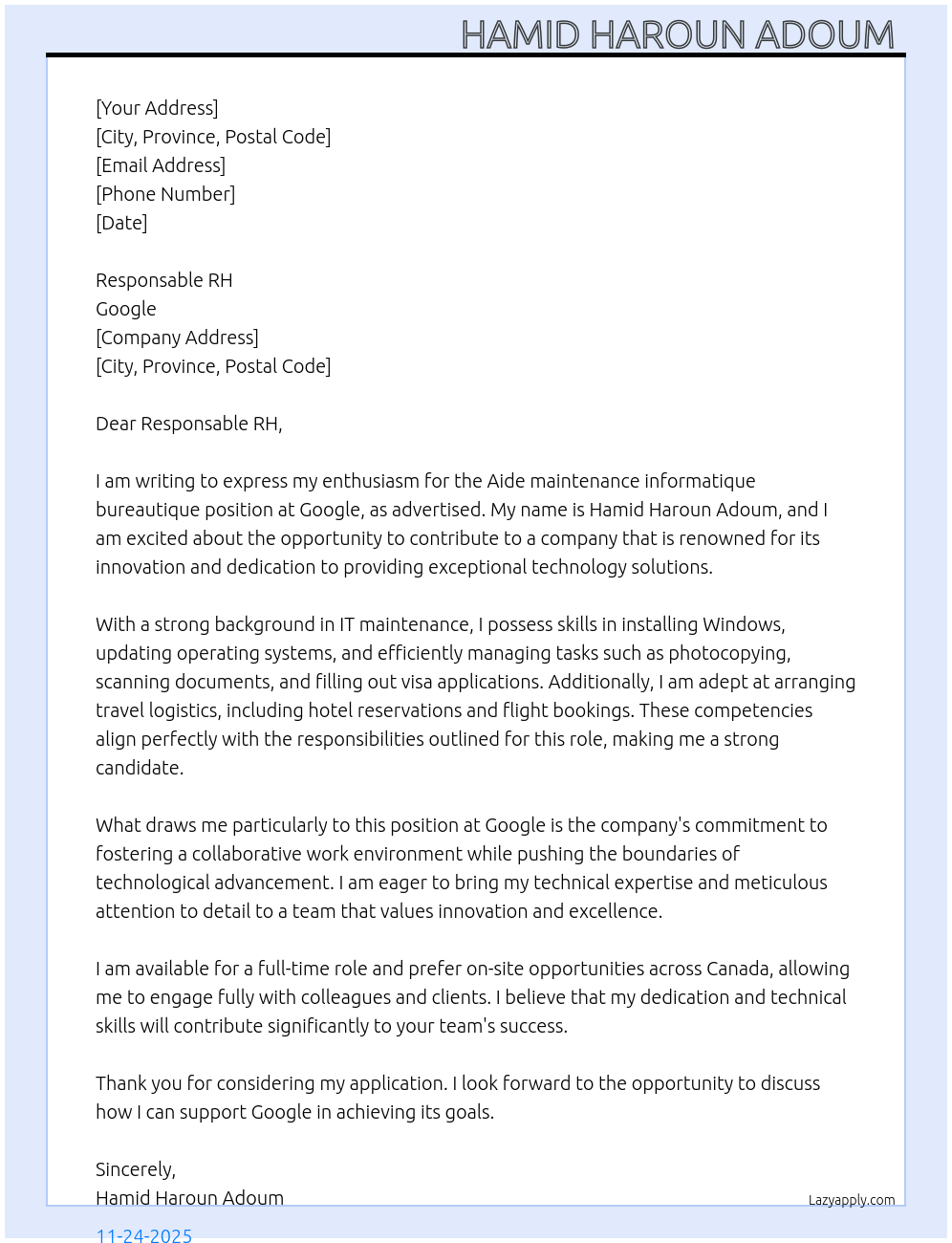 Aide maintenance informatique bureautique  At Google  Cover Letter