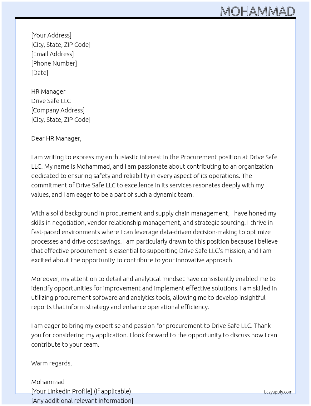 Procurement At Drive Safe LLC Cover Letter