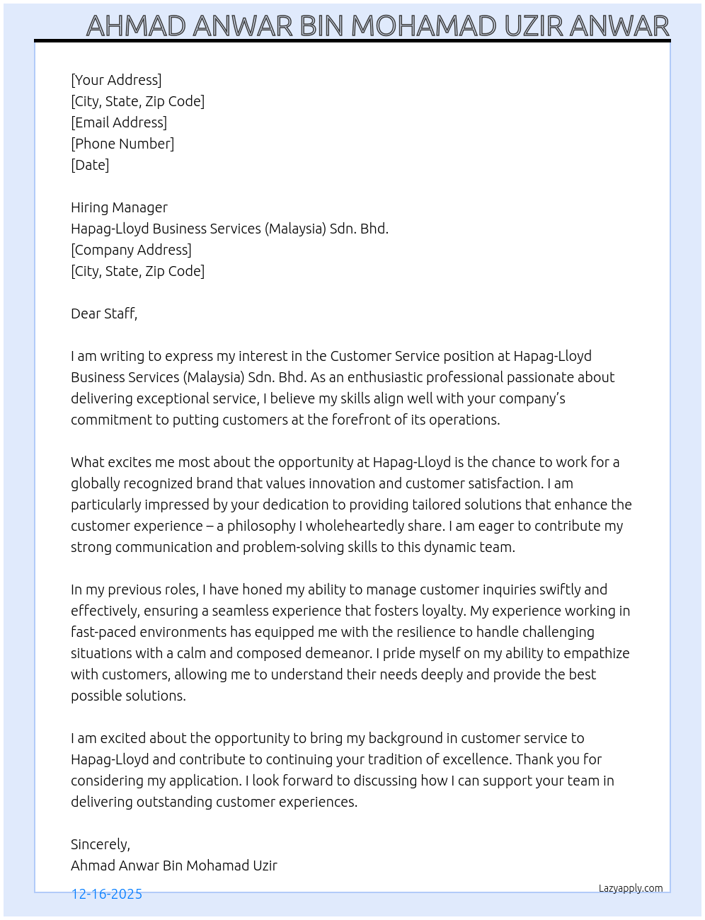 customer service At Hapag-Lloyd Business Services (Malaysia) Sdn. Bhd Cover Letter