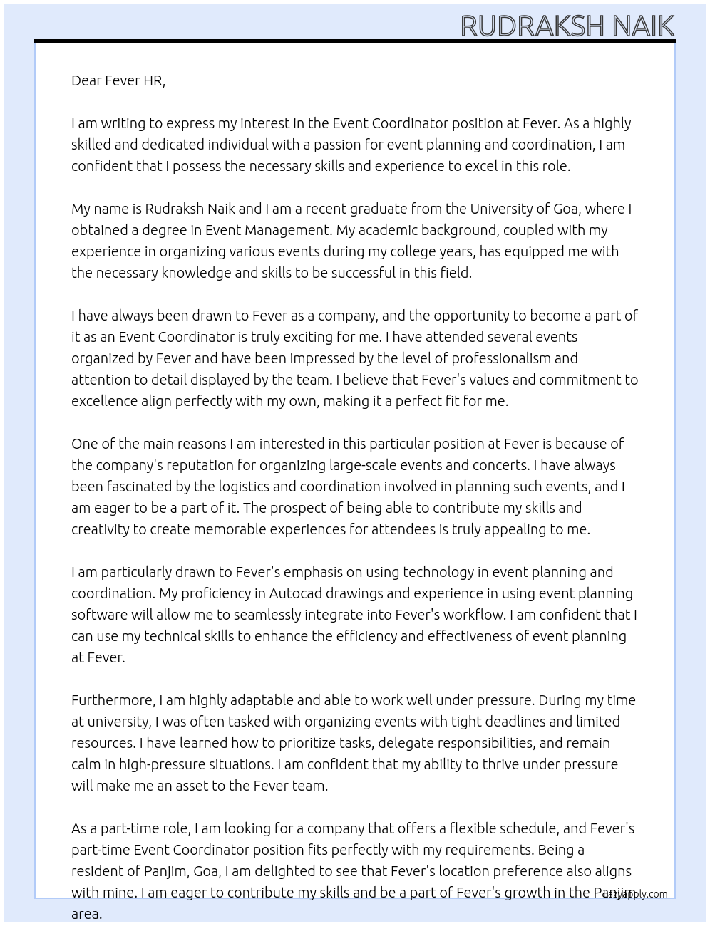 Event coordinator At Fever Cover Letter