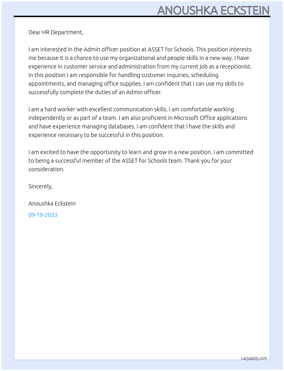 Admin officer At ASSET for Schools Cover Letter