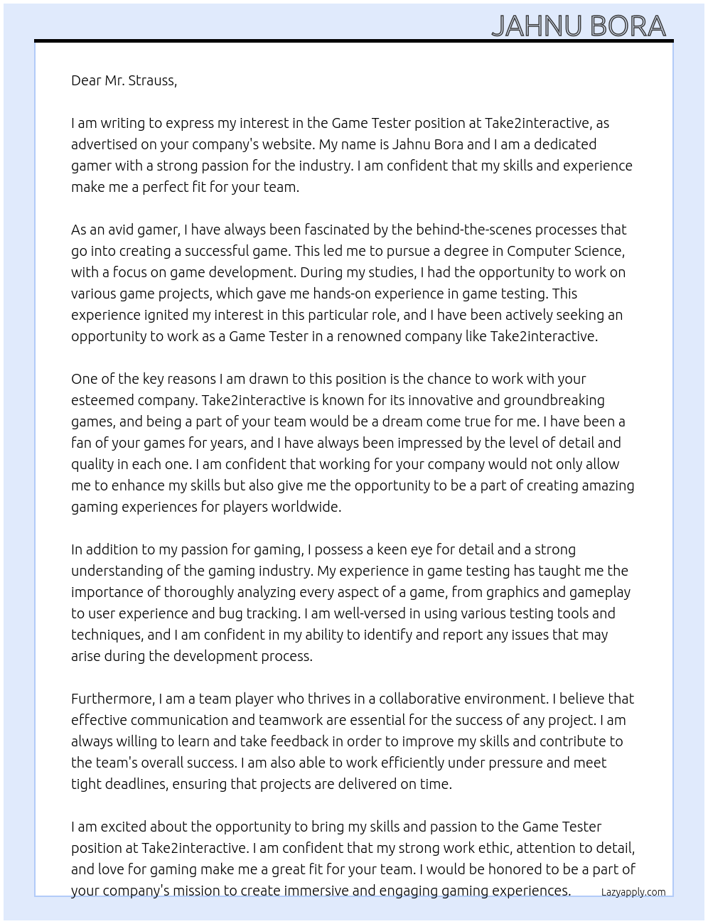 Game tester At Take2intaractive Cover Letter