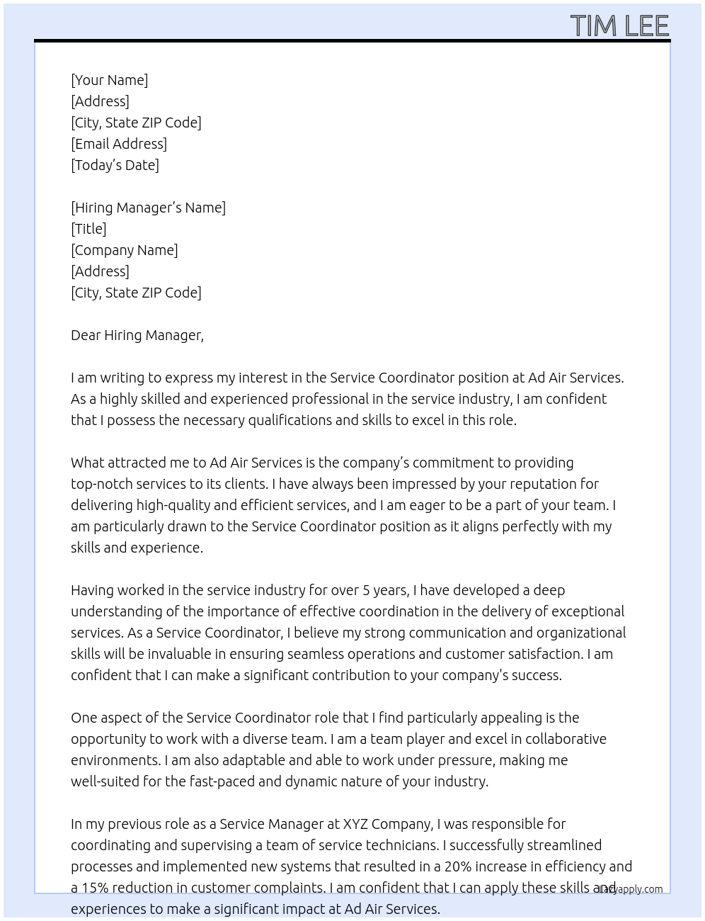 Service Coordinator At Ad Air Services  Cover Letter