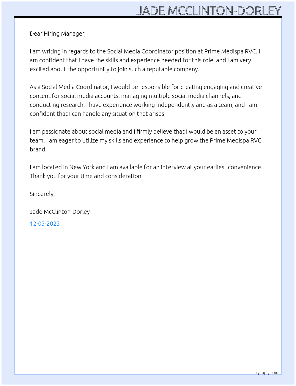 Social Media Coordinator At Prime Medispa RVC Cover Letter