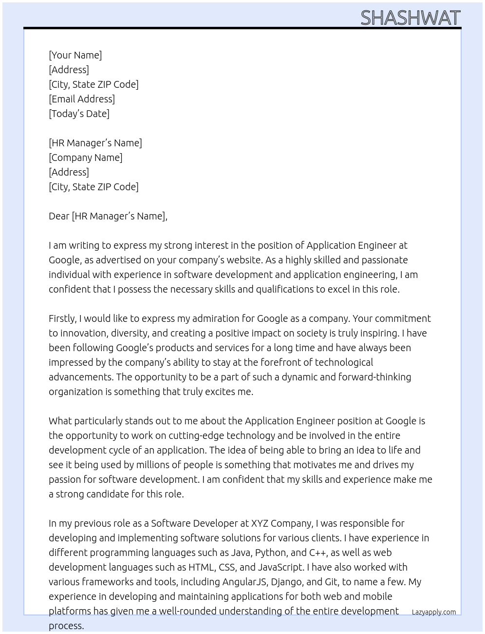 application engineer At google Cover Letter