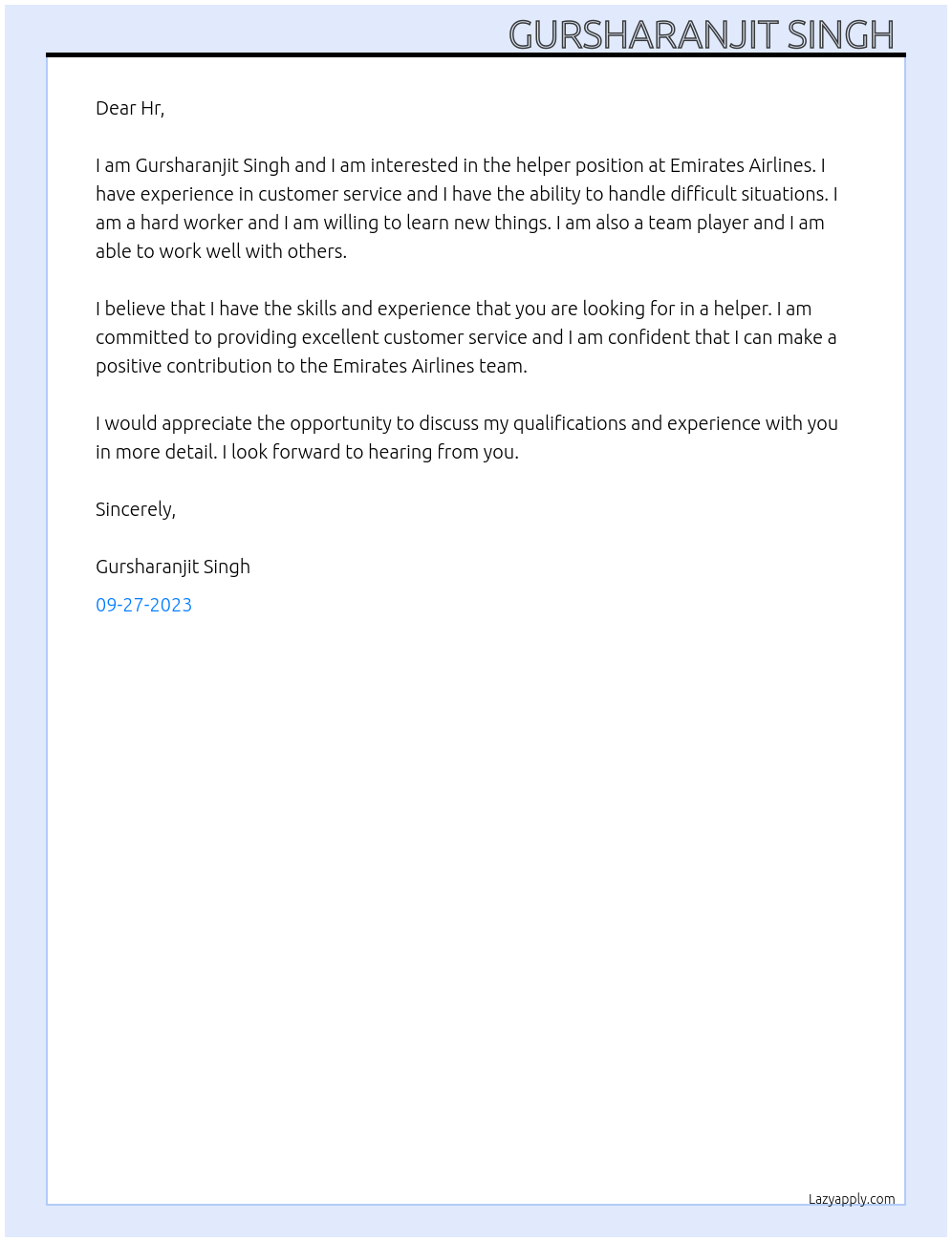 Helper At Emirates Airlines  Cover Letter