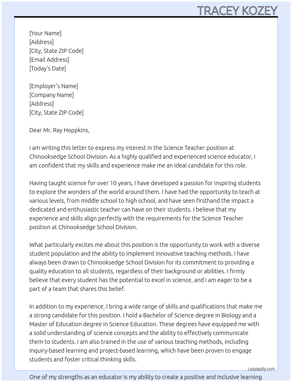 Science Teacher At Chinooksedge School Division Cover Letter