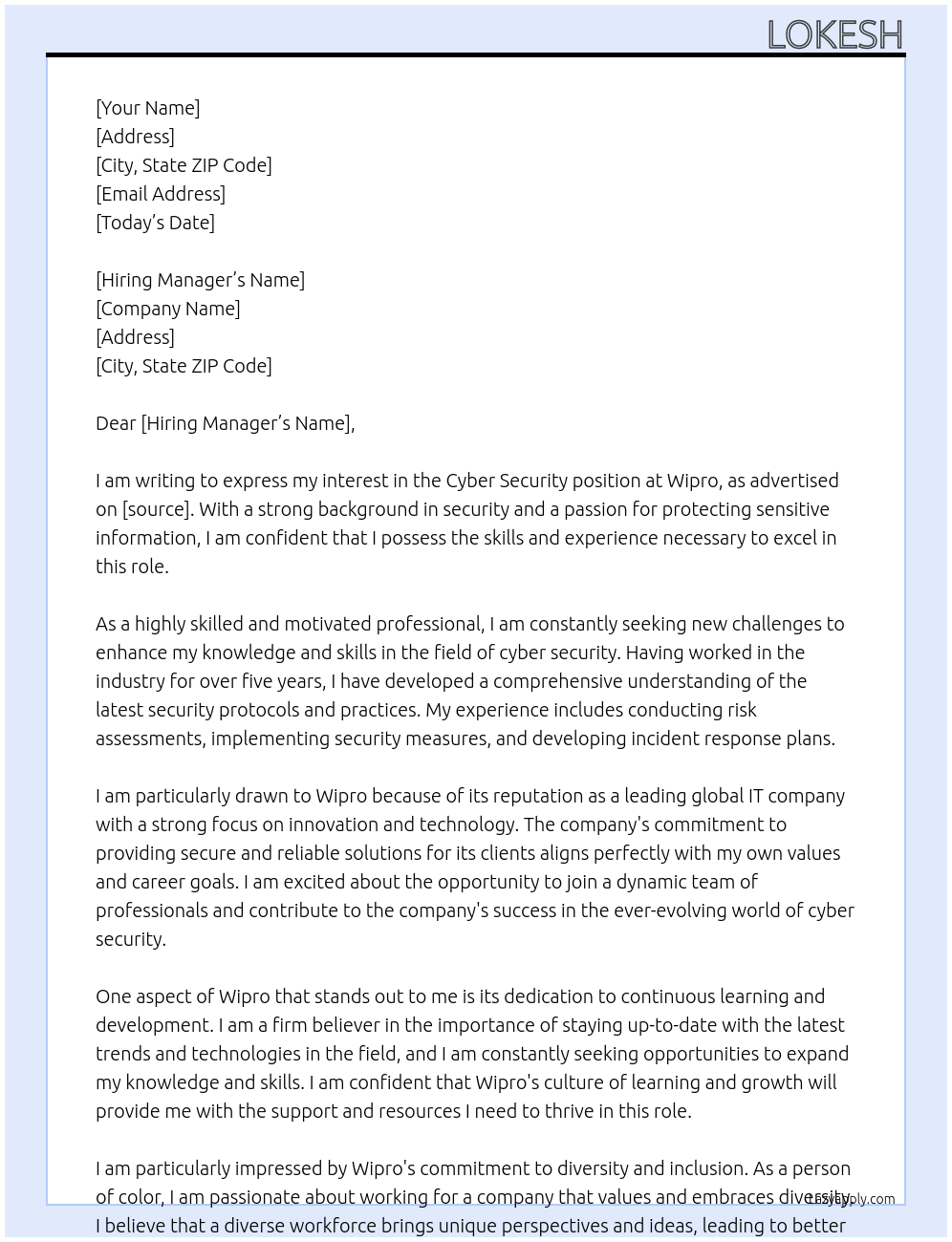 cyber security At wipro Cover Letter