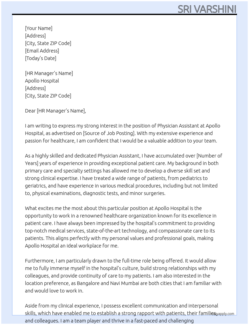 Physician Assistant At Apollo hospital Cover Letter