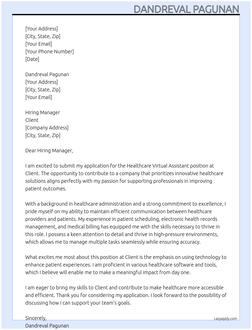 Healthcare Vistual Assistant At Client Cover Letter