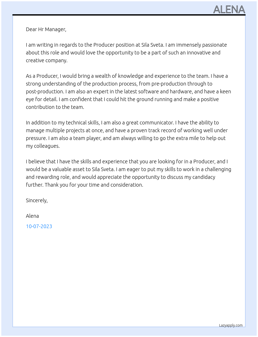 Producer At Sila Sveta Cover Letter