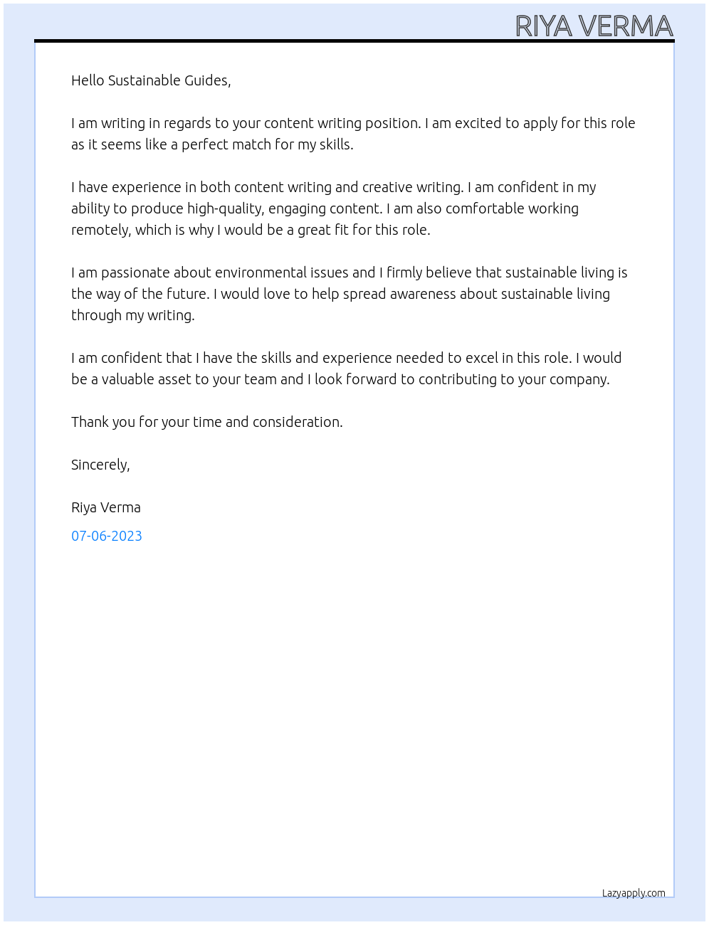 Content Writing At Sustainable Guides Cover Letter