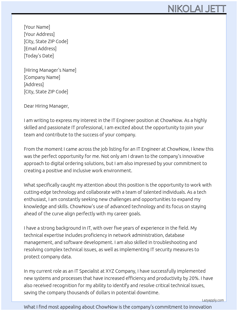 IT Engineer At ChowNow Cover Letter