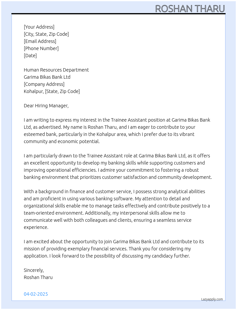 Trainee Assistant At Garima Bikas Bank Ltd Cover Letter