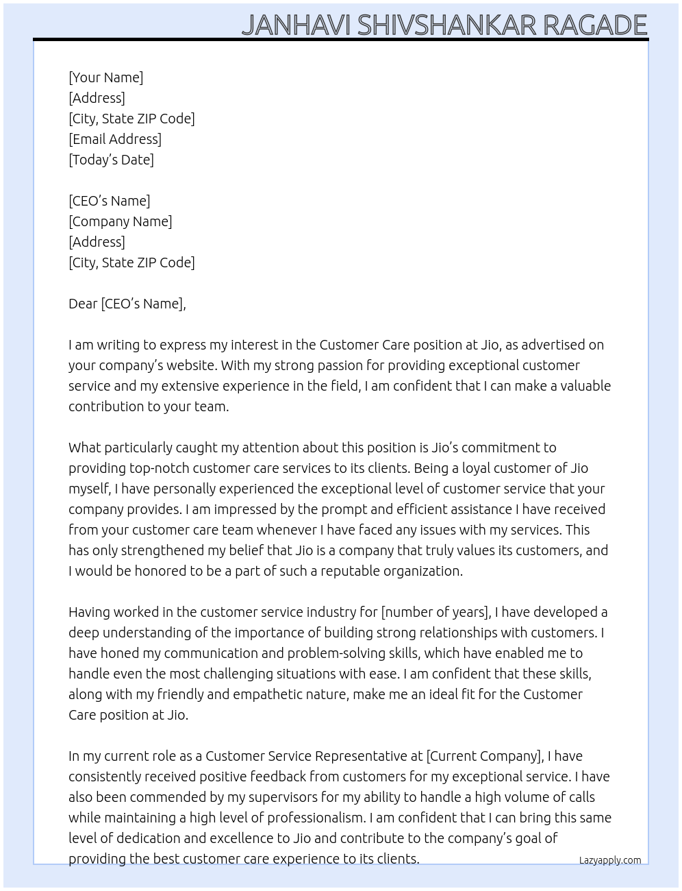 Customer care At Jio Cover Letter