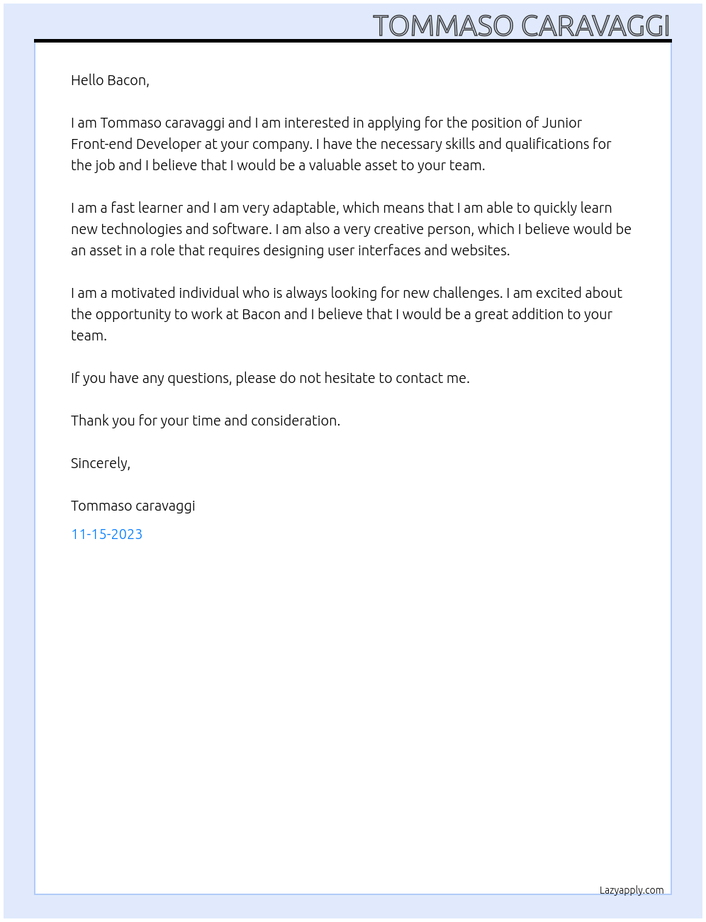 Junior Front-end Developer At Bacon Cover Letter