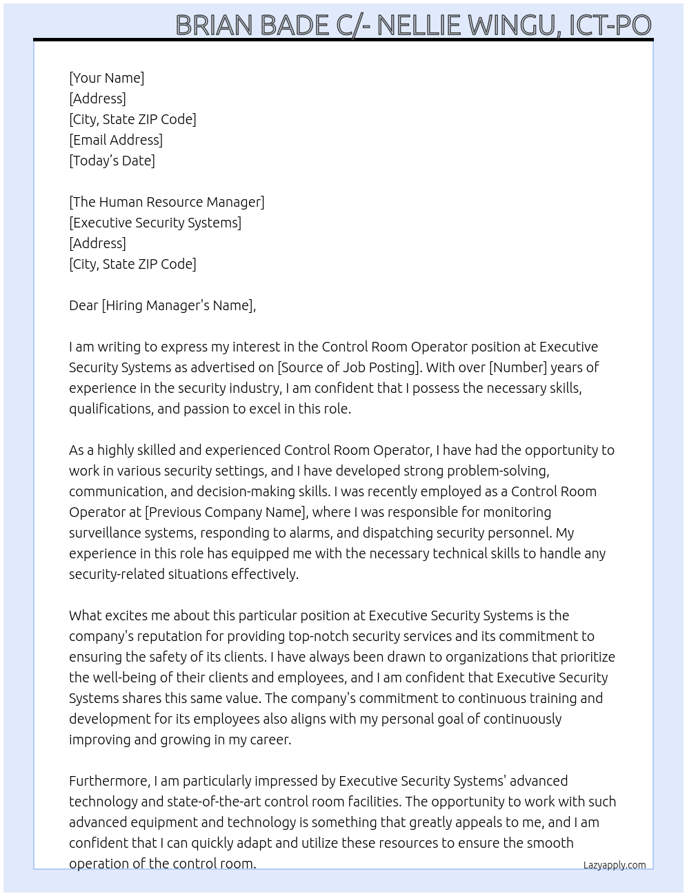 Control Room Operator At Executive Security Systems Cover Letter