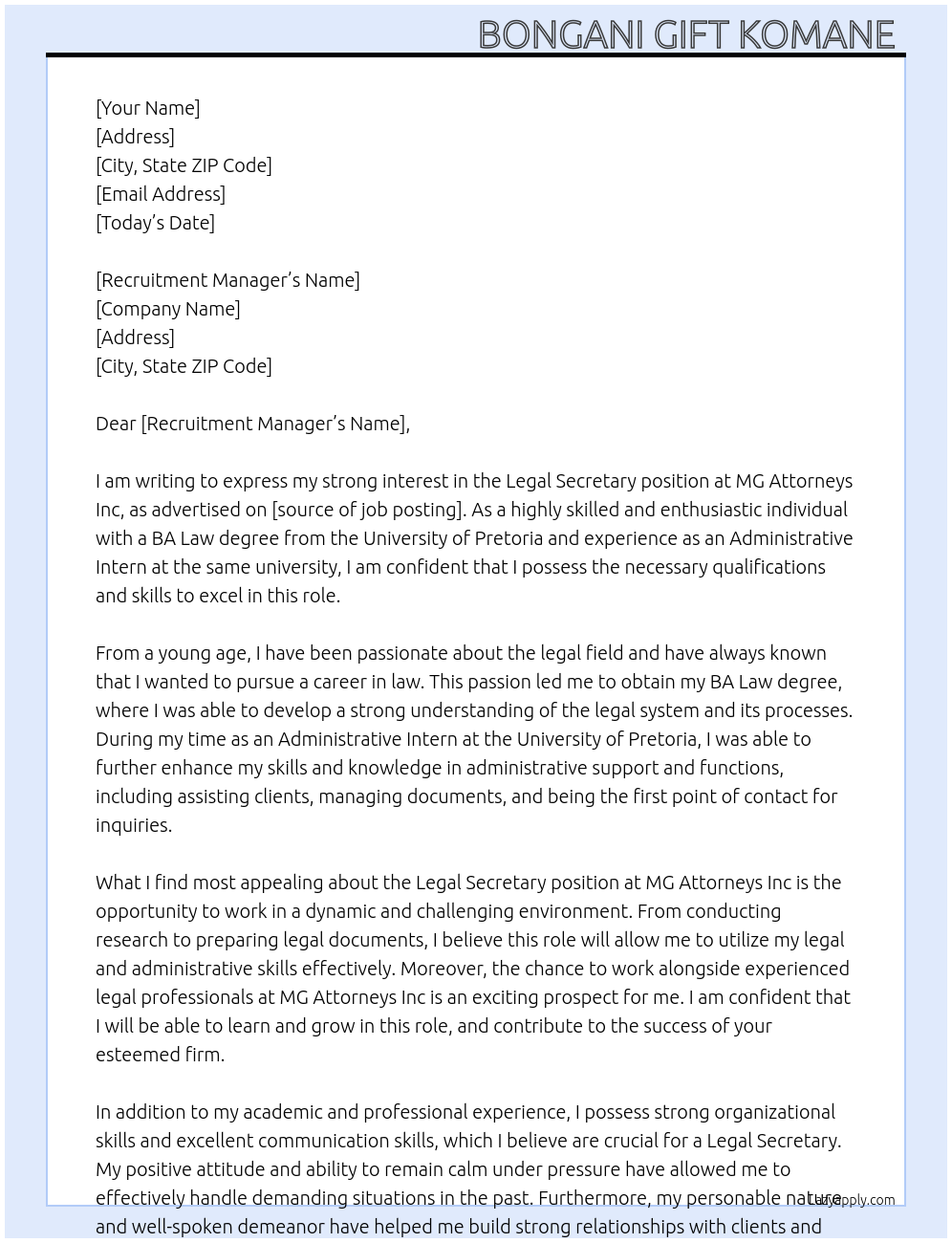 Legal Secretary At MG Attorneys Inc Cover Letter