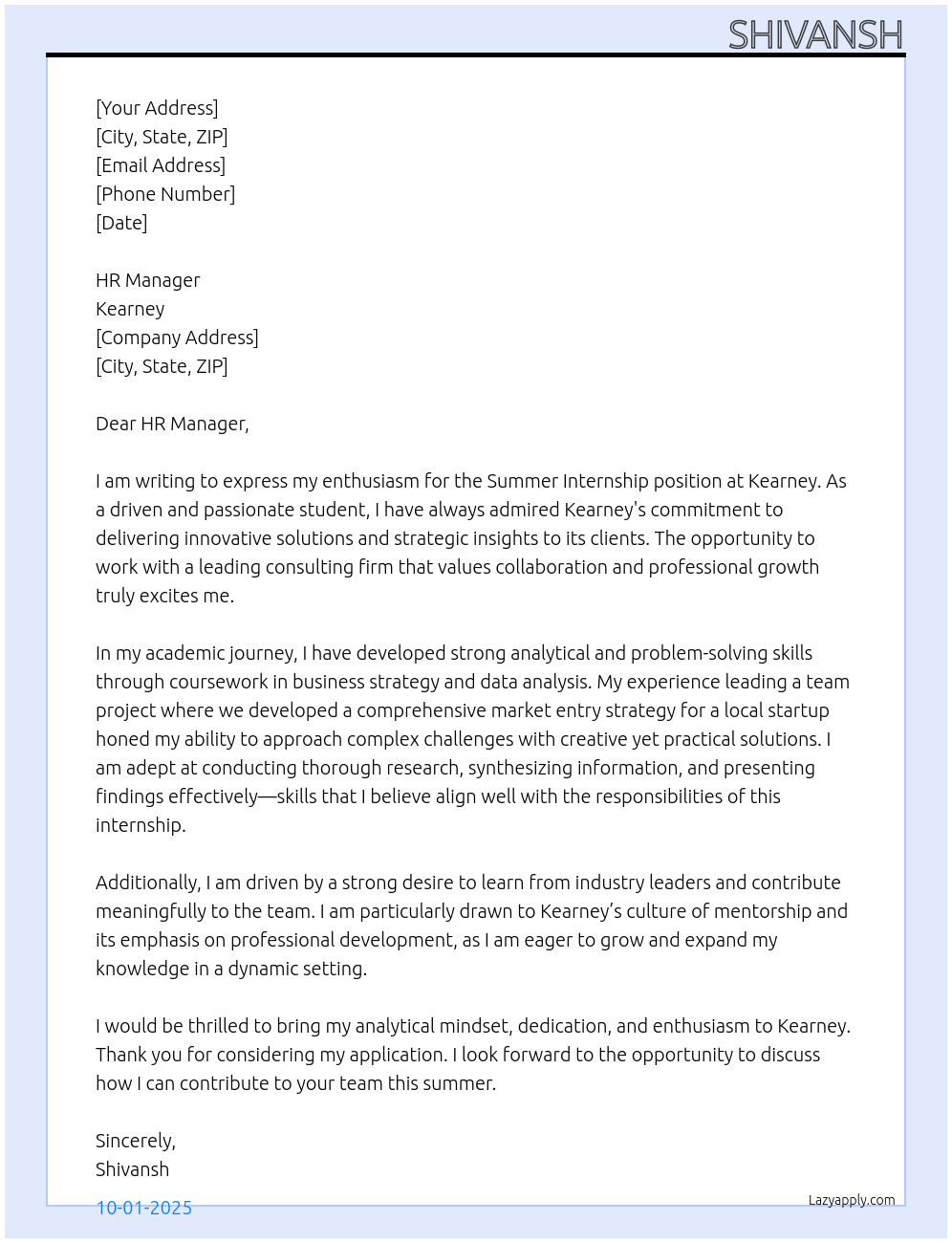 Summer Internship DU At Kearney Cover Letter