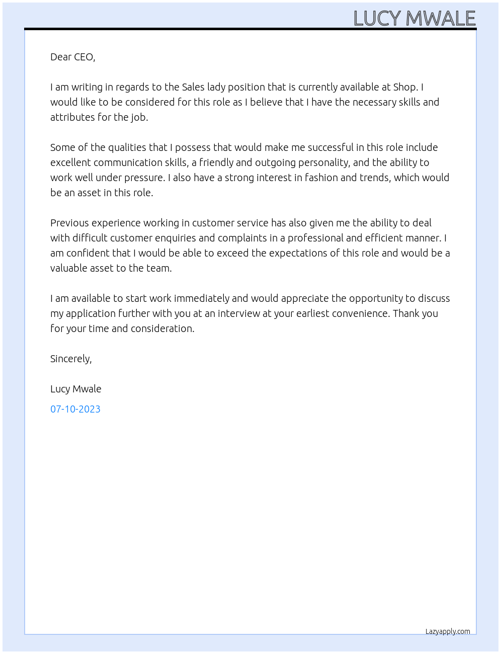 Sales lady At Shop Cover Letter