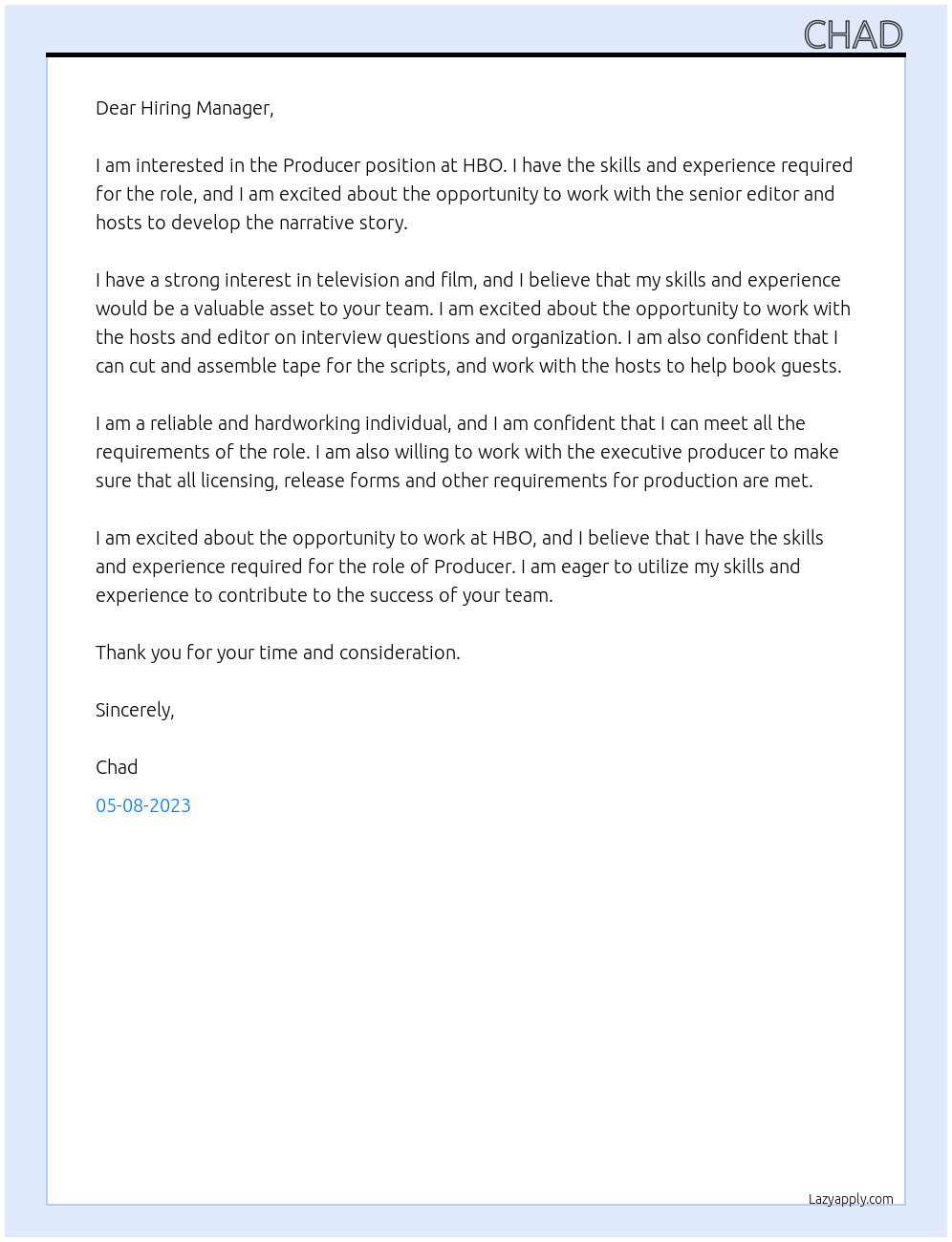 Producer At HBO Cover Letter