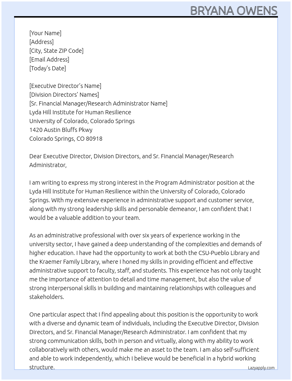 Program Administrator At University of Colorado, Colorado Springs Cover Letter