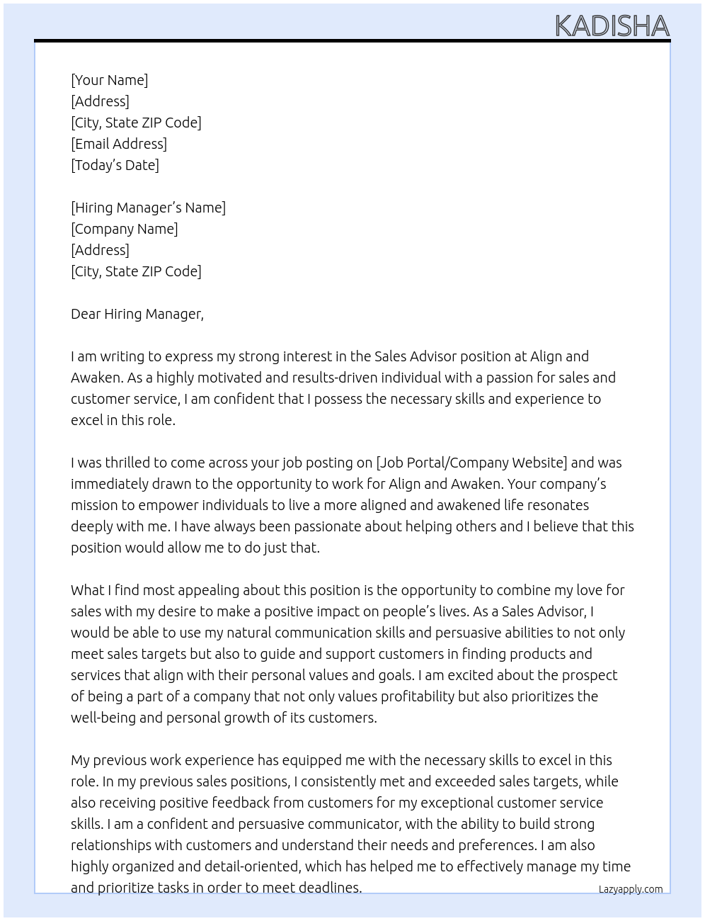Sales Advisor At Align and Awaken Cover Letter