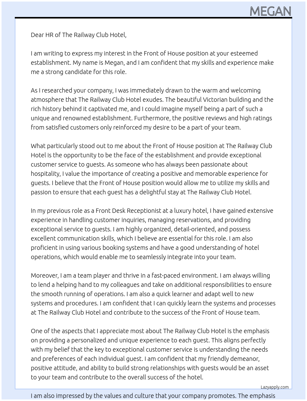 Front of house At The railway club hotel Cover Letter
