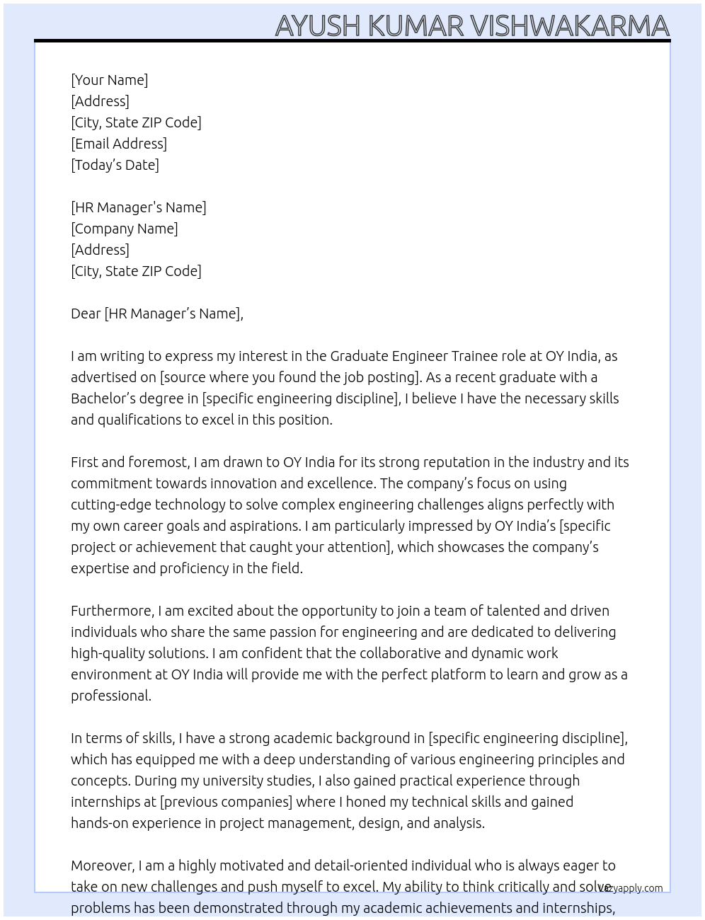 Graduate Engineer At OY India Cover Letter