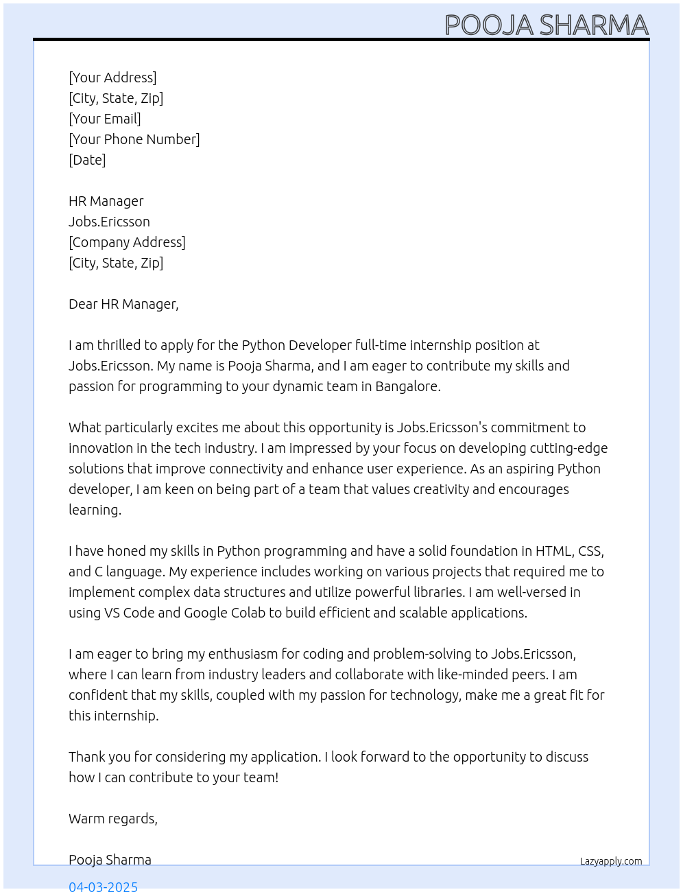 Python developer At Jobs.Ericsson Cover Letter