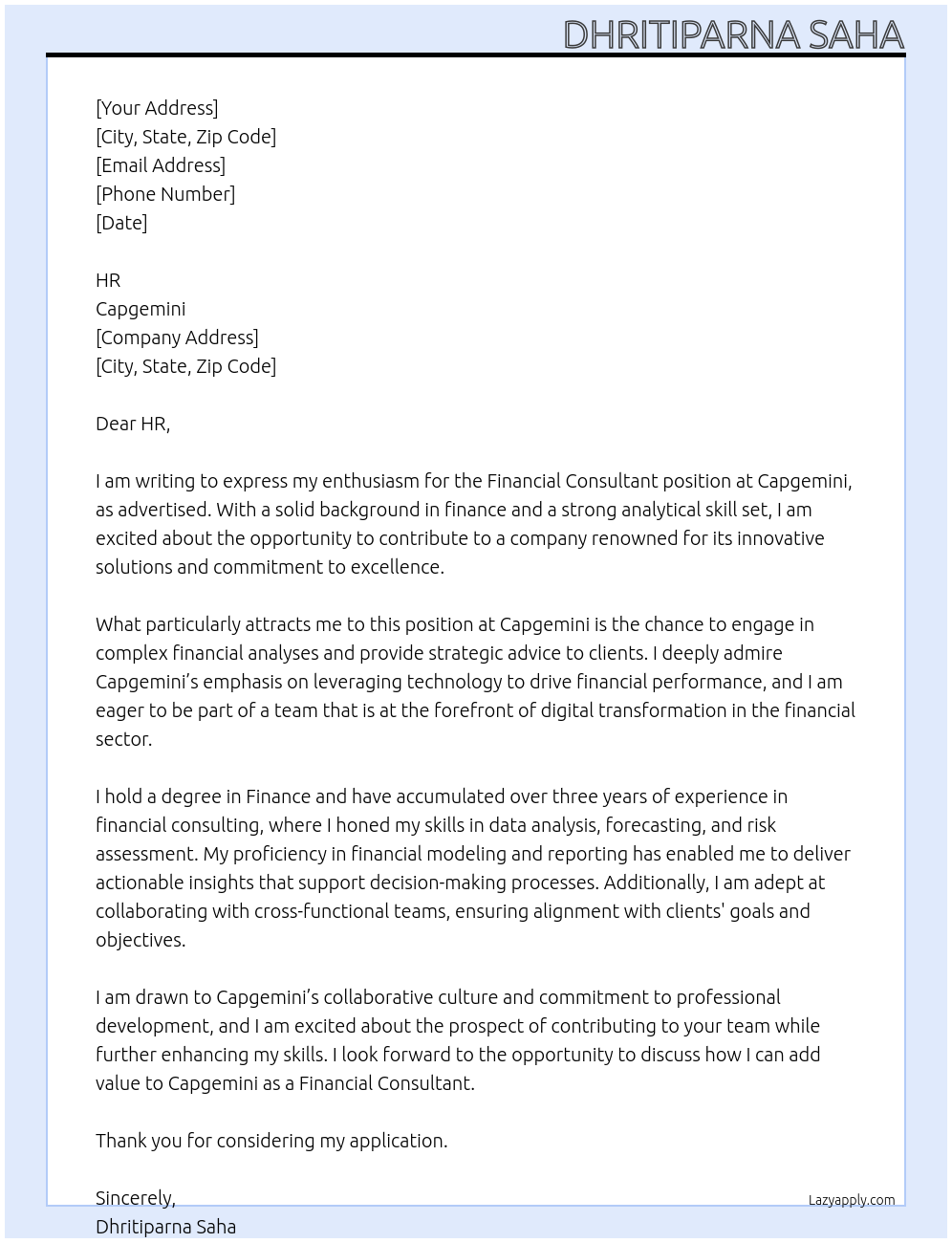 Financial consultant At Capegemini Cover Letter